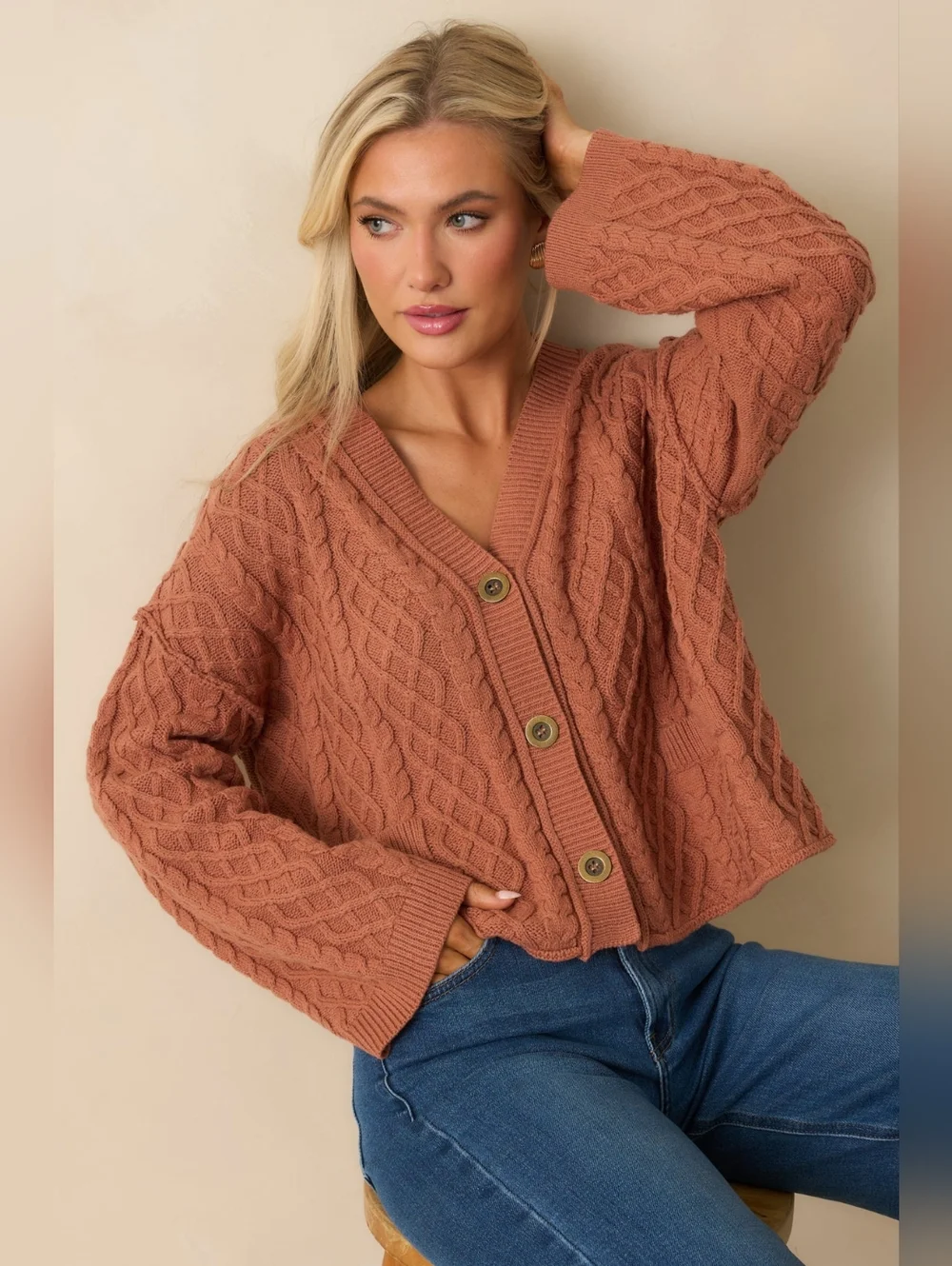 Red Dress Boutique Cable Knit Button-Front Sweater Cardigan - Rust - Picture 1 of 5